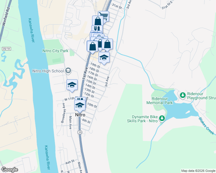 map of restaurants, bars, coffee shops, grocery stores, and more near 2835 3rd Ave in Nitro