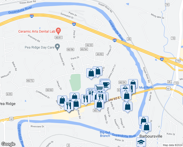 map of restaurants, bars, coffee shops, grocery stores, and more near 6206 East Pea Ridge Road in Huntington
