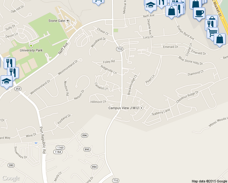 map of restaurants, bars, coffee shops, grocery stores, and more near 2405 King Arthurs Court in Harrisonburg