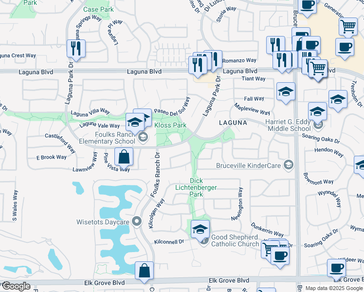 map of restaurants, bars, coffee shops, grocery stores, and more near 6508 Laguna Park Drive in Elk Grove