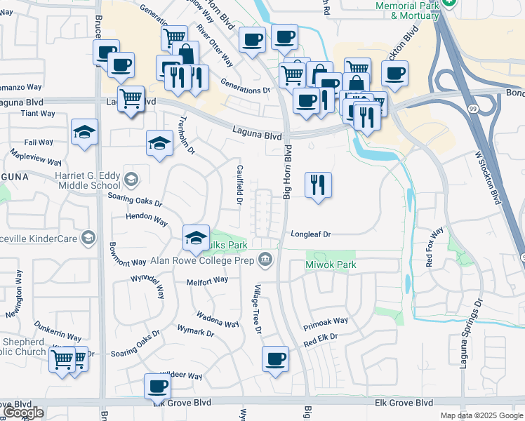 map of restaurants, bars, coffee shops, grocery stores, and more near 8243 Crystal Walk Circle in Elk Grove