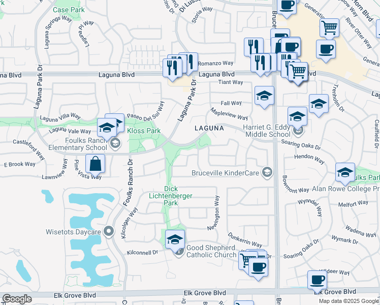 map of restaurants, bars, coffee shops, grocery stores, and more near 6640 Koster Way in Elk Grove
