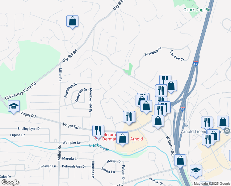 map of restaurants, bars, coffee shops, grocery stores, and more near 2122 Cromwell Court in Arnold