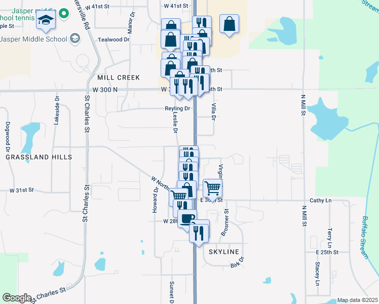 map of restaurants, bars, coffee shops, grocery stores, and more near 3221 Newton St in Jasper