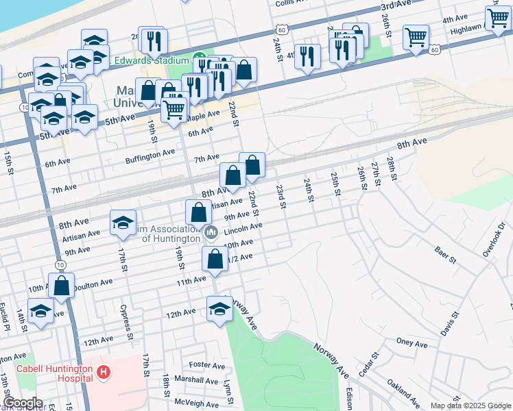map of restaurants, bars, coffee shops, grocery stores, and more near 2200 9th Avenue in Huntington