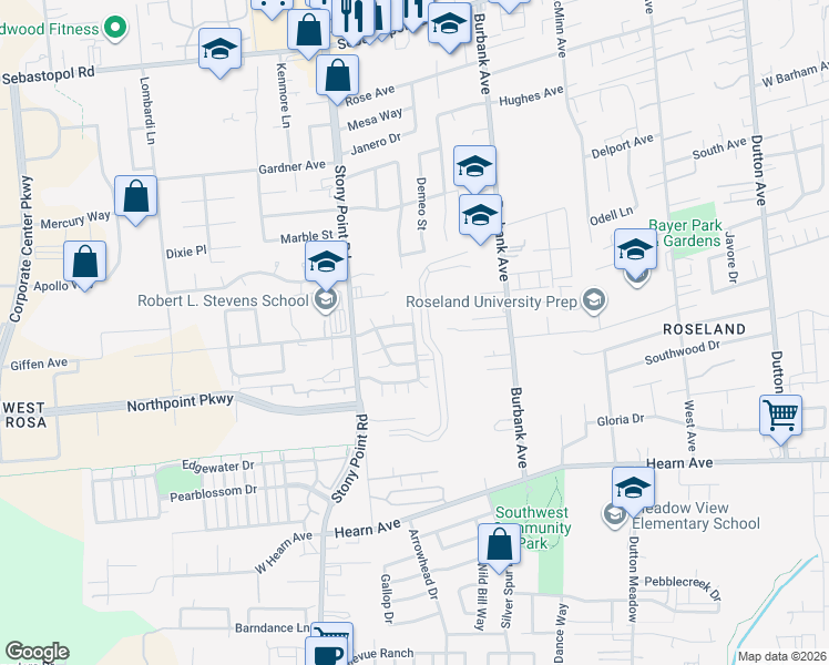 map of restaurants, bars, coffee shops, grocery stores, and more near 1310 Trombetta Street in Santa Rosa