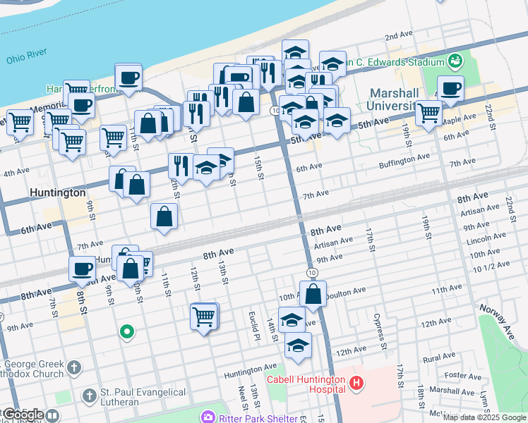 map of restaurants, bars, coffee shops, grocery stores, and more near 1439 7th Avenue in Huntington