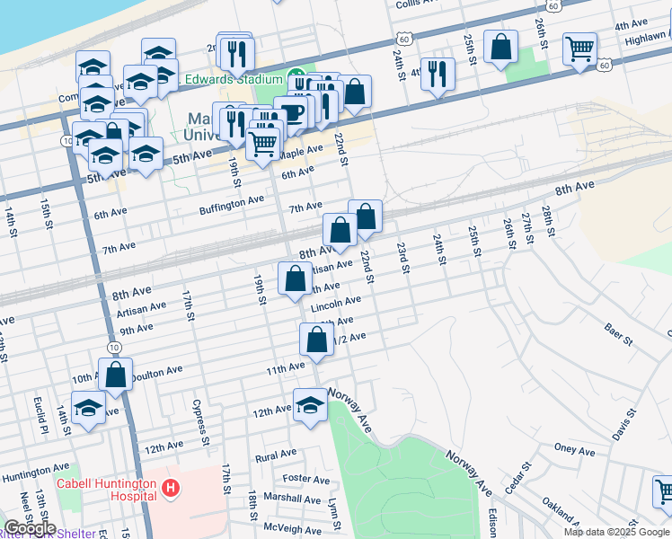map of restaurants, bars, coffee shops, grocery stores, and more near 830 21st Street in Huntington
