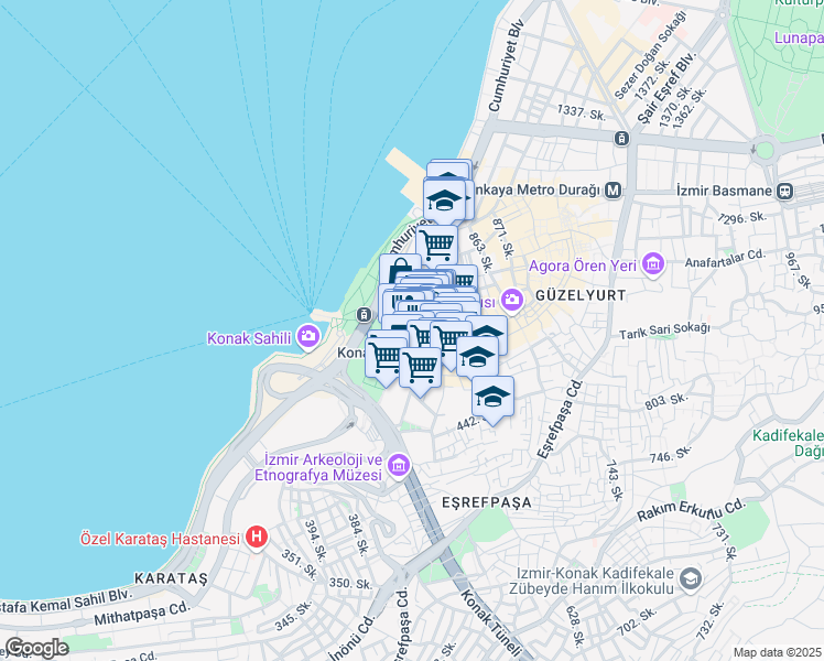 map of restaurants, bars, coffee shops, grocery stores, and more near 1 Cumhuriyet Bulvarı in Konak