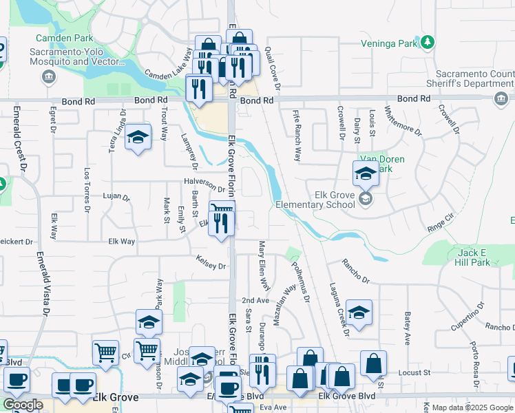 map of restaurants, bars, coffee shops, grocery stores, and more near 8925 Rancho Grande Court in Elk Grove