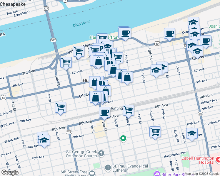 map of restaurants, bars, coffee shops, grocery stores, and more near 601 9th Street in Huntington