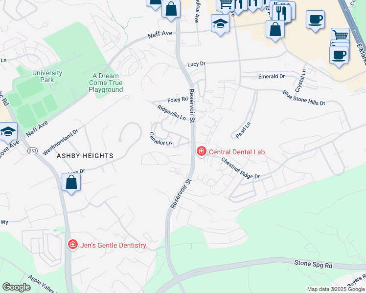 map of restaurants, bars, coffee shops, grocery stores, and more near 2405 King Arthurs Court in Harrisonburg