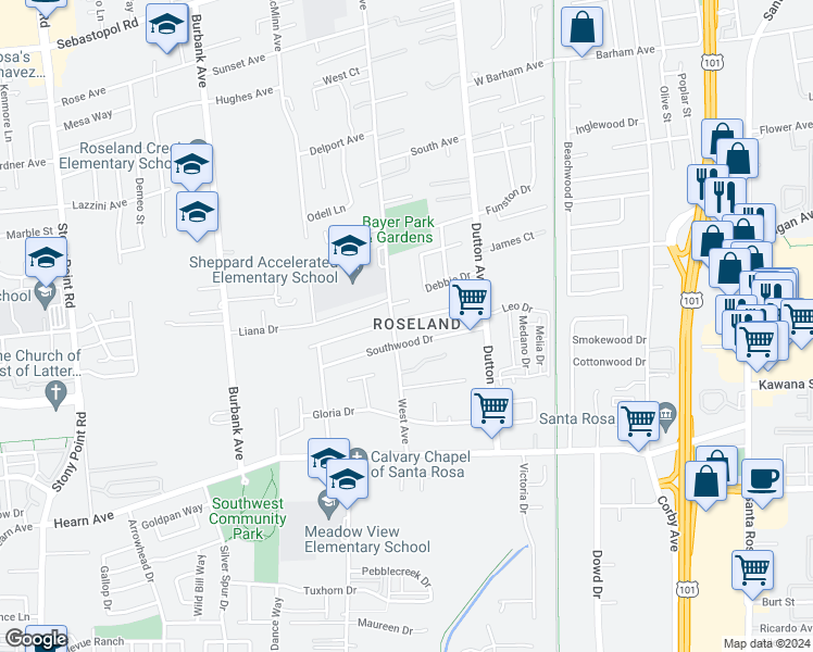 map of restaurants, bars, coffee shops, grocery stores, and more near 640 Leo Drive in Santa Rosa