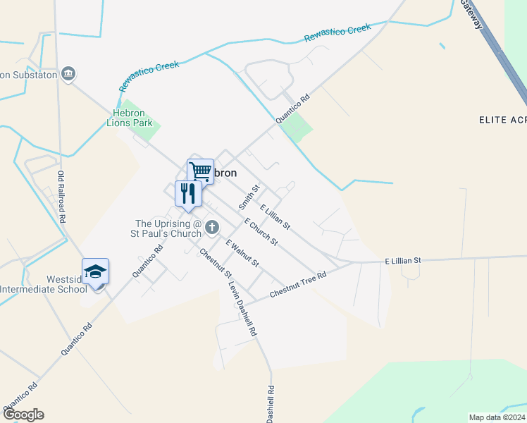 map of restaurants, bars, coffee shops, grocery stores, and more near 210 East Lillian Street in Hebron