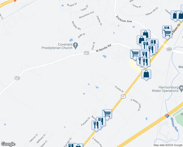 map of restaurants, bars, coffee shops, grocery stores, and more near 539 Pointe Drive in Harrisonburg