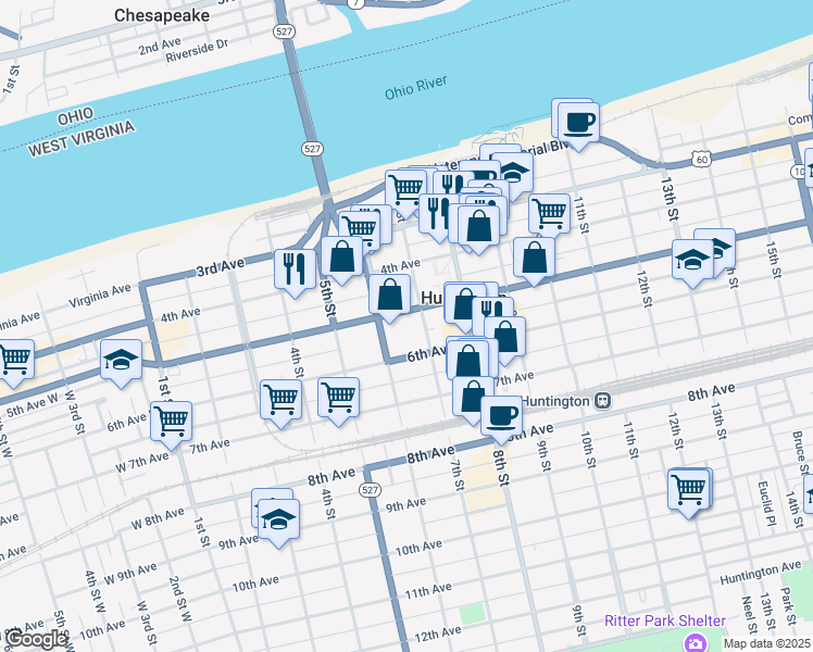 map of restaurants, bars, coffee shops, grocery stores, and more near 616 6th Avenue in Huntington