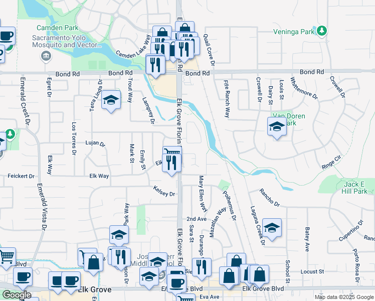 map of restaurants, bars, coffee shops, grocery stores, and more near 8909 Rancho Grande Court in Elk Grove