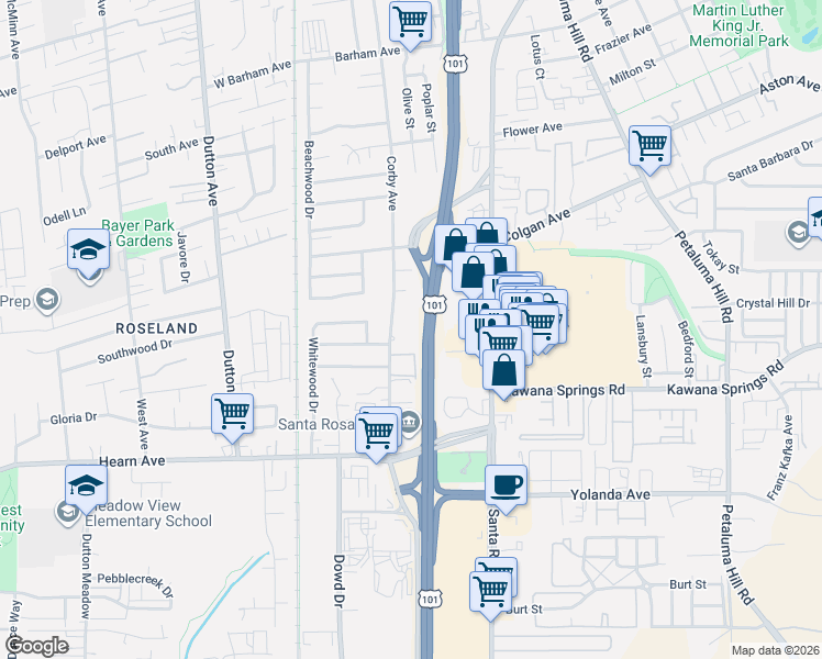 map of restaurants, bars, coffee shops, grocery stores, and more near 2290 Corby Avenue in Santa Rosa