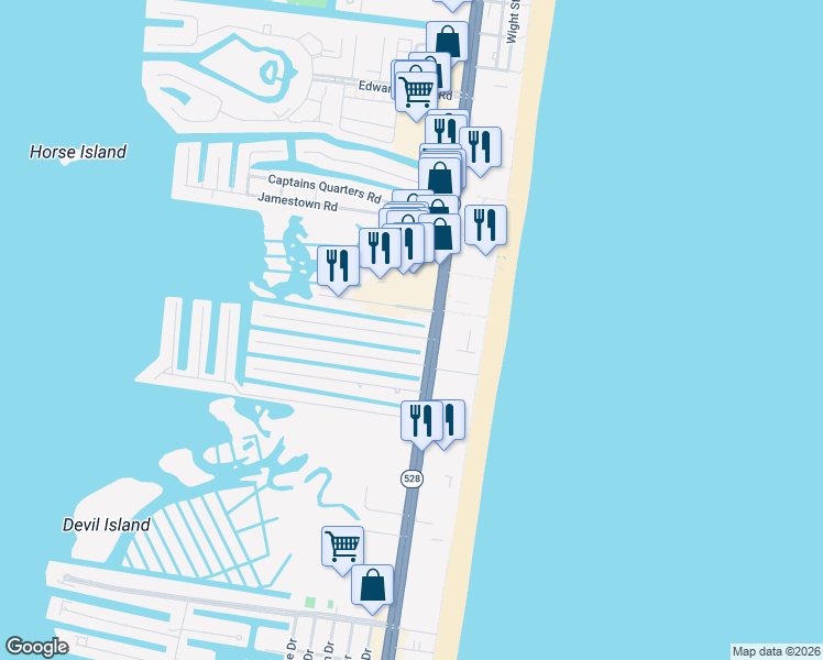 map of restaurants, bars, coffee shops, grocery stores, and more near 113 Channel Buoy Road in Ocean City