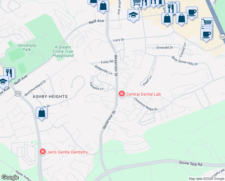 map of restaurants, bars, coffee shops, grocery stores, and more near 2405 King Arthurs Court in Harrisonburg