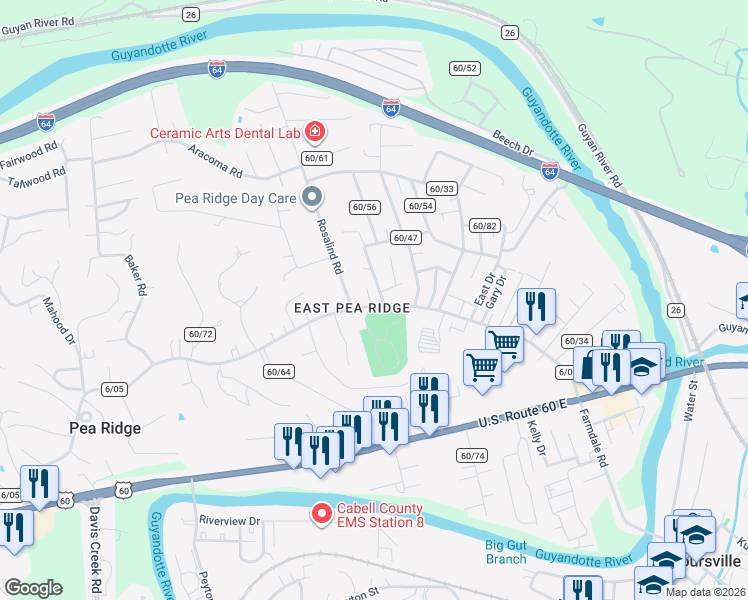 map of restaurants, bars, coffee shops, grocery stores, and more near 6151-6155 East Pea Ridge Road in Huntington
