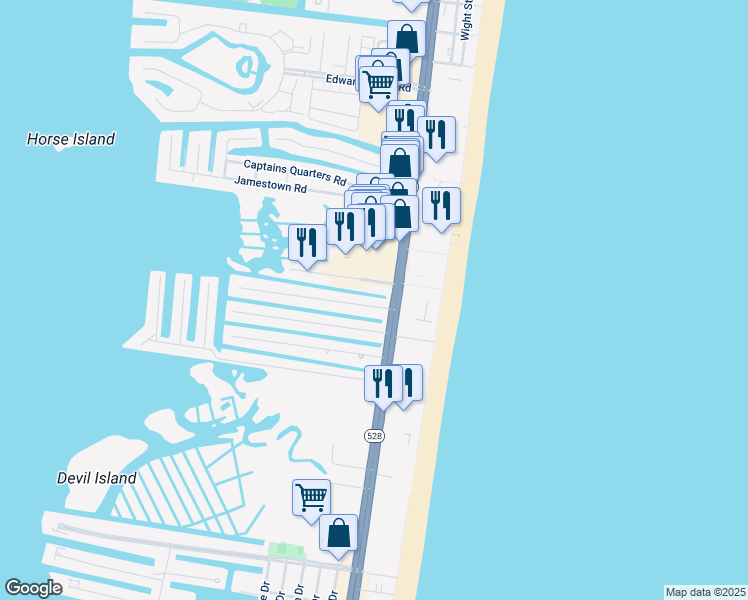 map of restaurants, bars, coffee shops, grocery stores, and more near 106 Channel Buoy Road in Ocean City