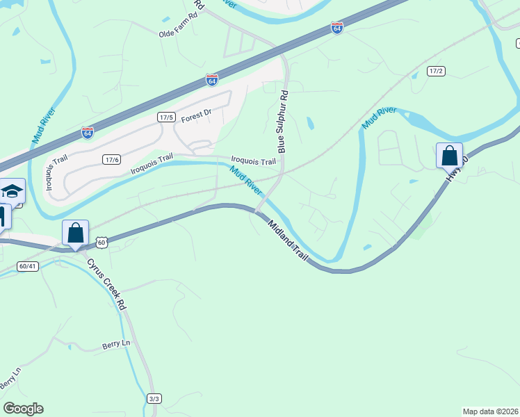 map of restaurants, bars, coffee shops, grocery stores, and more near 3421 U.S. 60 in Ona