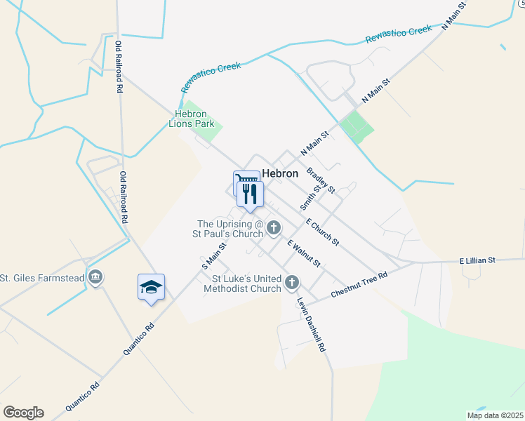 map of restaurants, bars, coffee shops, grocery stores, and more near 100 Southwest Railroad Avenue in Hebron