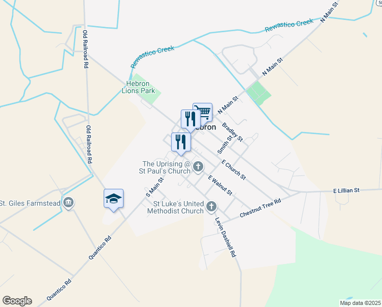 map of restaurants, bars, coffee shops, grocery stores, and more near 100 Southwest Railroad Avenue in Hebron