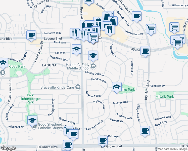 map of restaurants, bars, coffee shops, grocery stores, and more near 9334 Soaring Oaks Drive in Elk Grove