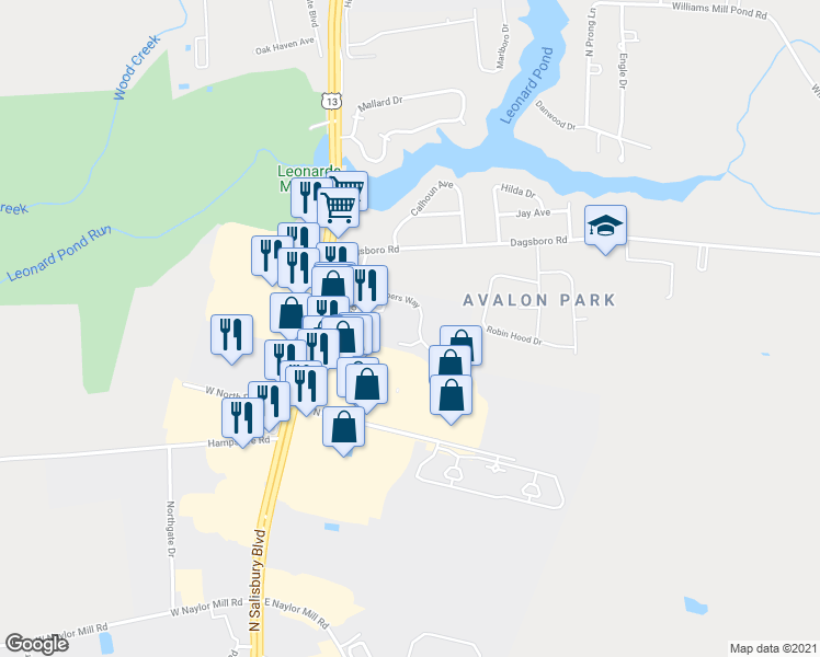 map of restaurants, bars, coffee shops, grocery stores, and more near 233 Troopers Way in Salisbury