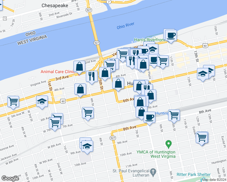 map of restaurants, bars, coffee shops, grocery stores, and more near 555 5th Avenue in Huntington