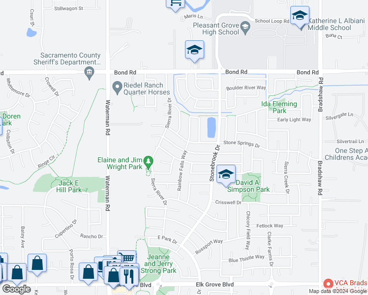 map of restaurants, bars, coffee shops, grocery stores, and more near 9455 Timber River Way in Elk Grove