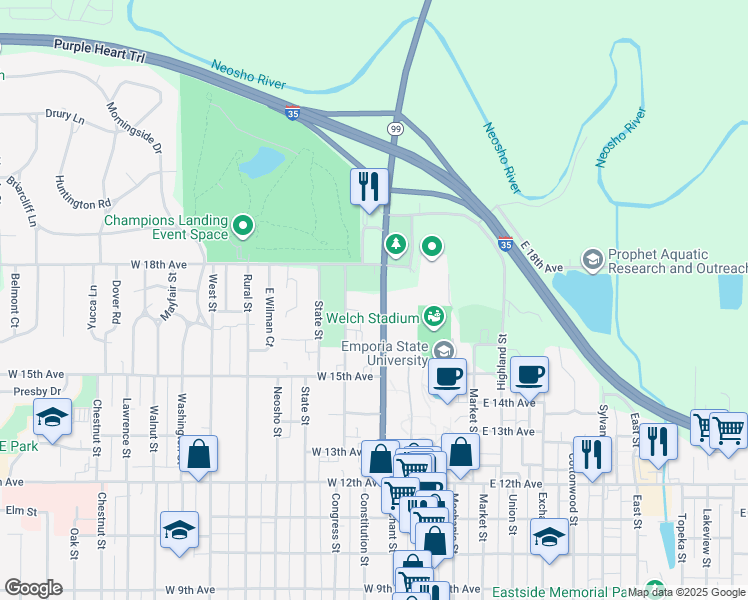 map of restaurants, bars, coffee shops, grocery stores, and more near 1621 Merchant Street in Emporia