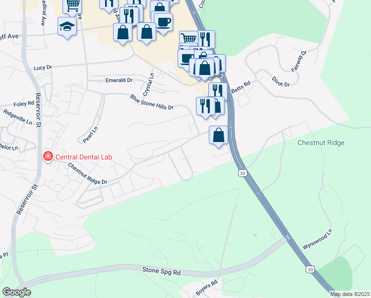 map of restaurants, bars, coffee shops, grocery stores, and more near 128 Chestnut Ridge Drive in Harrisonburg