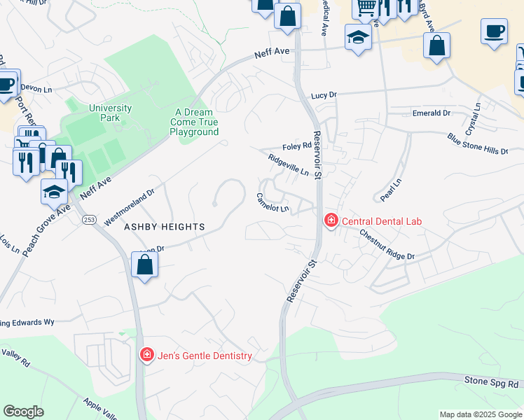map of restaurants, bars, coffee shops, grocery stores, and more near 872 Camelot Lane in Harrisonburg