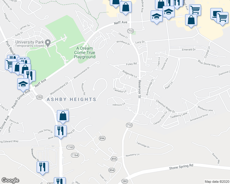 map of restaurants, bars, coffee shops, grocery stores, and more near 872 Camelot Lane in Harrisonburg