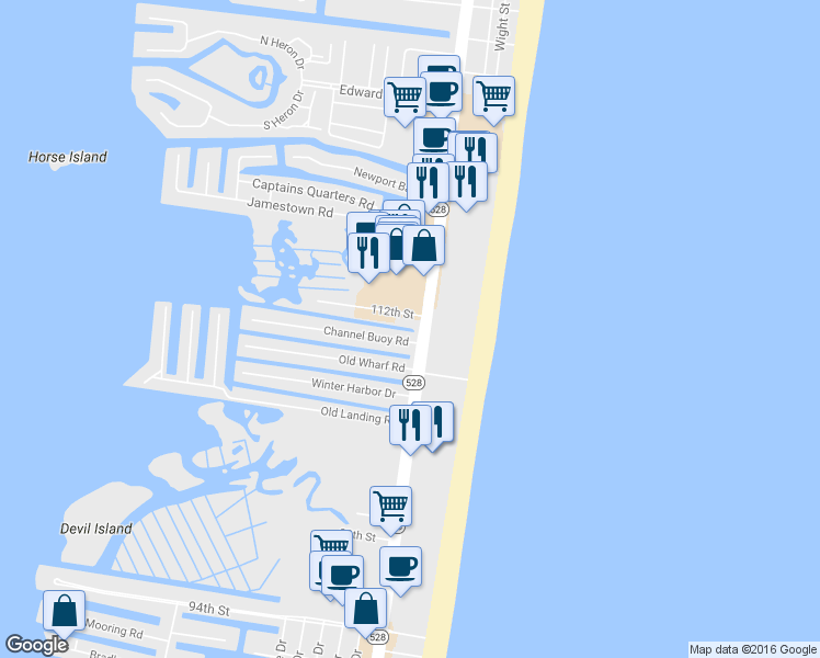 map of restaurants, bars, coffee shops, grocery stores, and more near 103 Channel Buoy Road in Ocean City