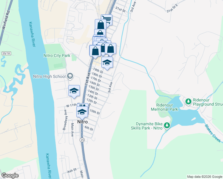 map of restaurants, bars, coffee shops, grocery stores, and more near 2835 3rd Ave in Nitro