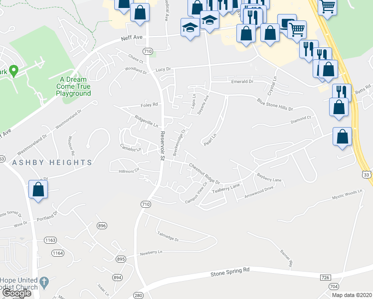 map of restaurants, bars, coffee shops, grocery stores, and more near 657 Stonewall Drive in Harrisonburg