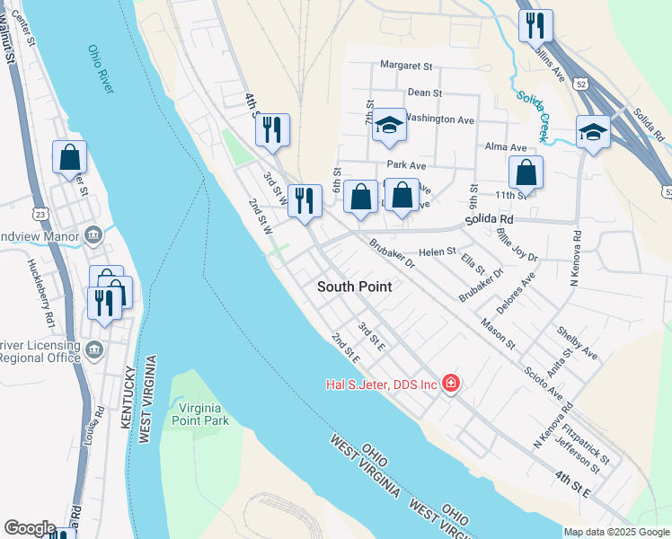 map of restaurants, bars, coffee shops, grocery stores, and more near 206 4th Street East in South Point