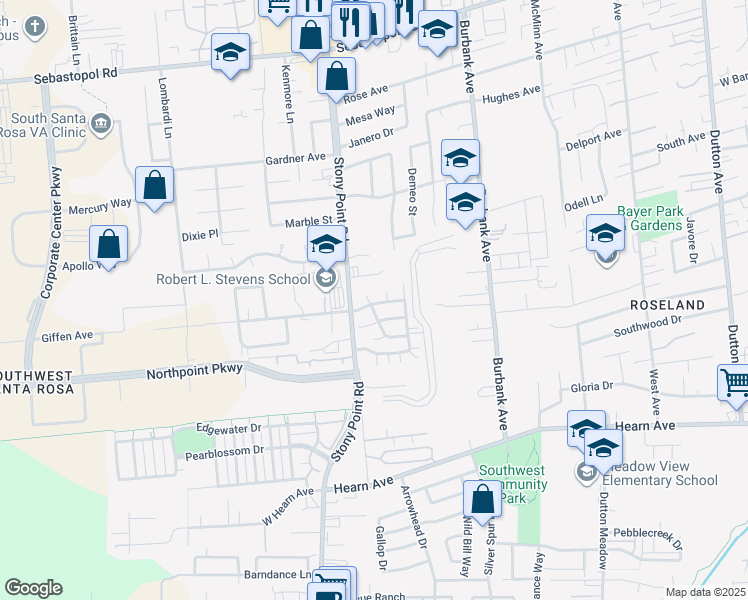map of restaurants, bars, coffee shops, grocery stores, and more near 1296 Woodhaven Drive in Santa Rosa