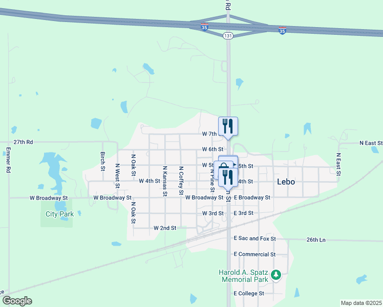 map of restaurants, bars, coffee shops, grocery stores, and more near 500-550 North Spruce Street in Lebo