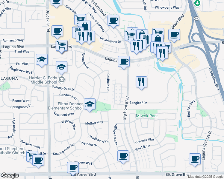 map of restaurants, bars, coffee shops, grocery stores, and more near 8252 Crystal Walk Circle in Elk Grove