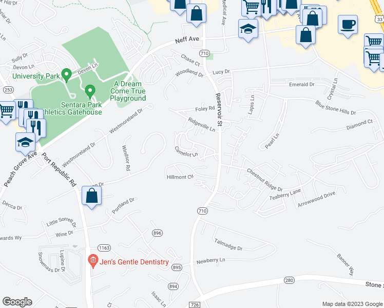 map of restaurants, bars, coffee shops, grocery stores, and more near 837 Camelot Lane in Harrisonburg