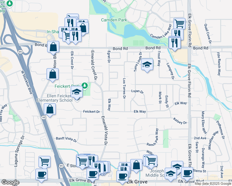 map of restaurants, bars, coffee shops, grocery stores, and more near 8587 Elk Way in Elk Grove