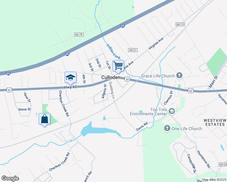 map of restaurants, bars, coffee shops, grocery stores, and more near 2199 Dudding Ln in Culloden