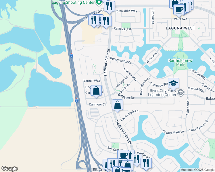 map of restaurants, bars, coffee shops, grocery stores, and more near Harbour Point Drive in Elk Grove