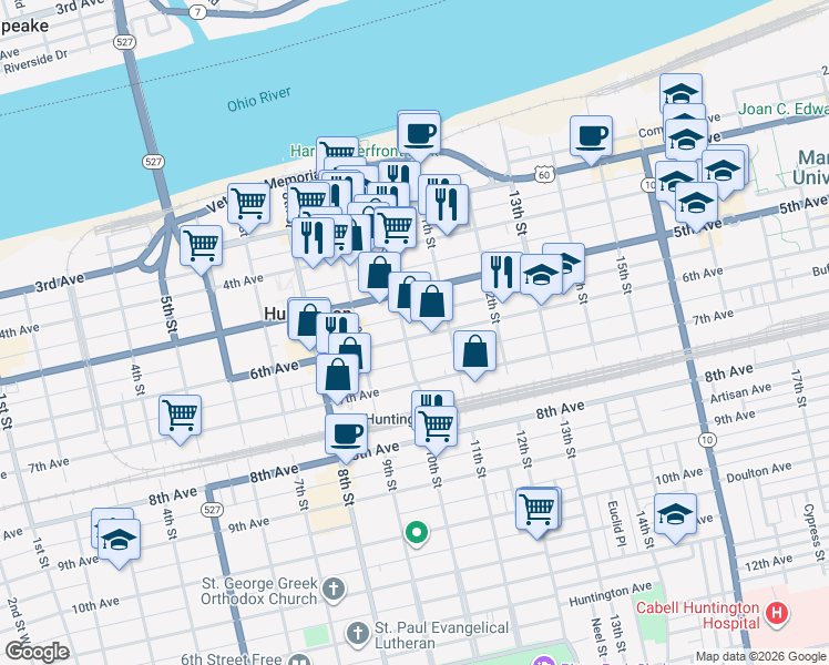 map of restaurants, bars, coffee shops, grocery stores, and more near 949 6th Avenue in Huntington