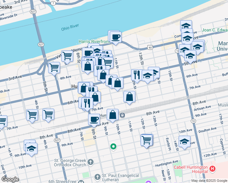 map of restaurants, bars, coffee shops, grocery stores, and more near 949 6th Avenue in Huntington